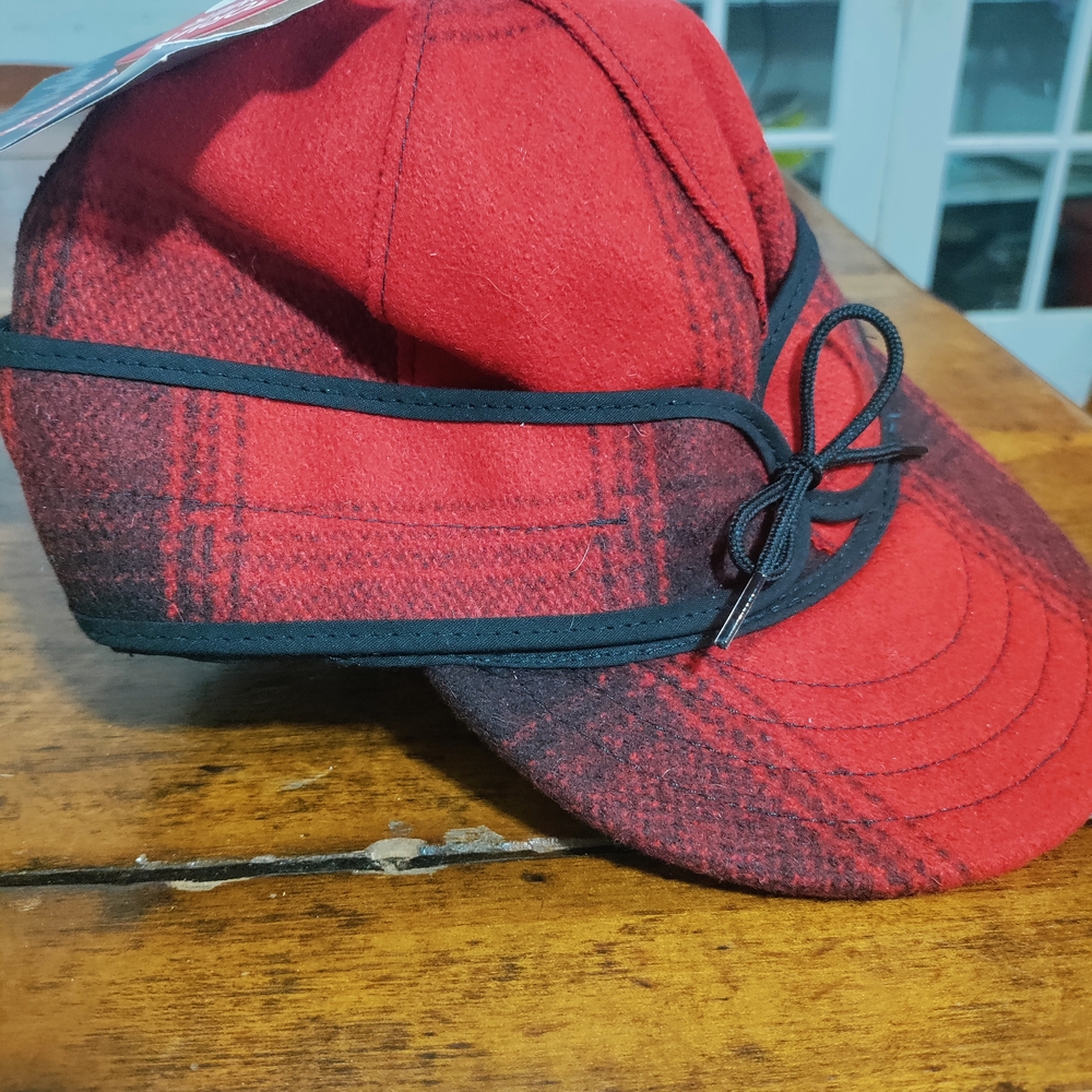 Stormy Kromer 73/8 Red Plaid Cap with Black Trim Original Kromer Made In USA